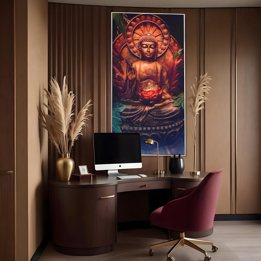 Tablou canvas cu tablou canvas cu statuie buddha in meditatie, in rama de aluminiu argintiu, pe perete intr-un birou